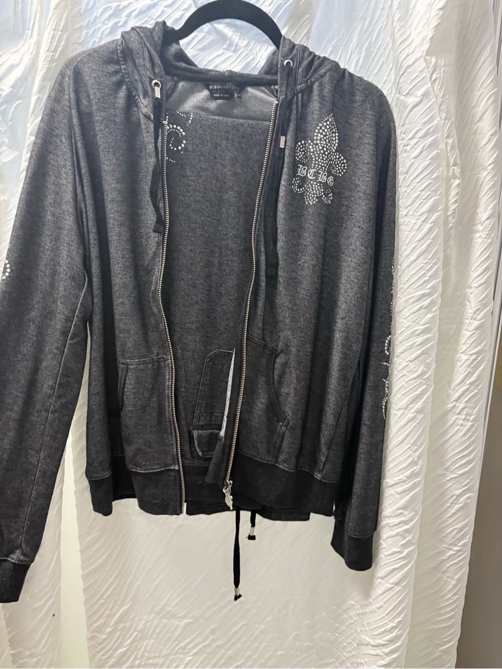 BCBGMaxAzria Black Rhinestone Fleur-de-Lis Zip Hoodie